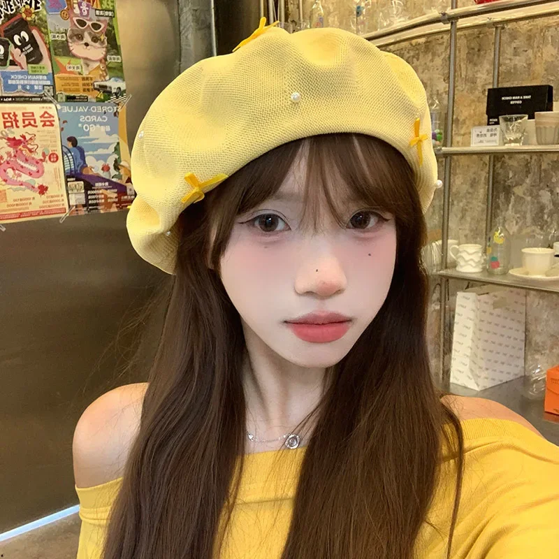 Korean Sweet Bow Yellow Beret Women Summer Thin Cut Out Hollow Breathable Face Enhancing Artist Hat Newsboy Cap
