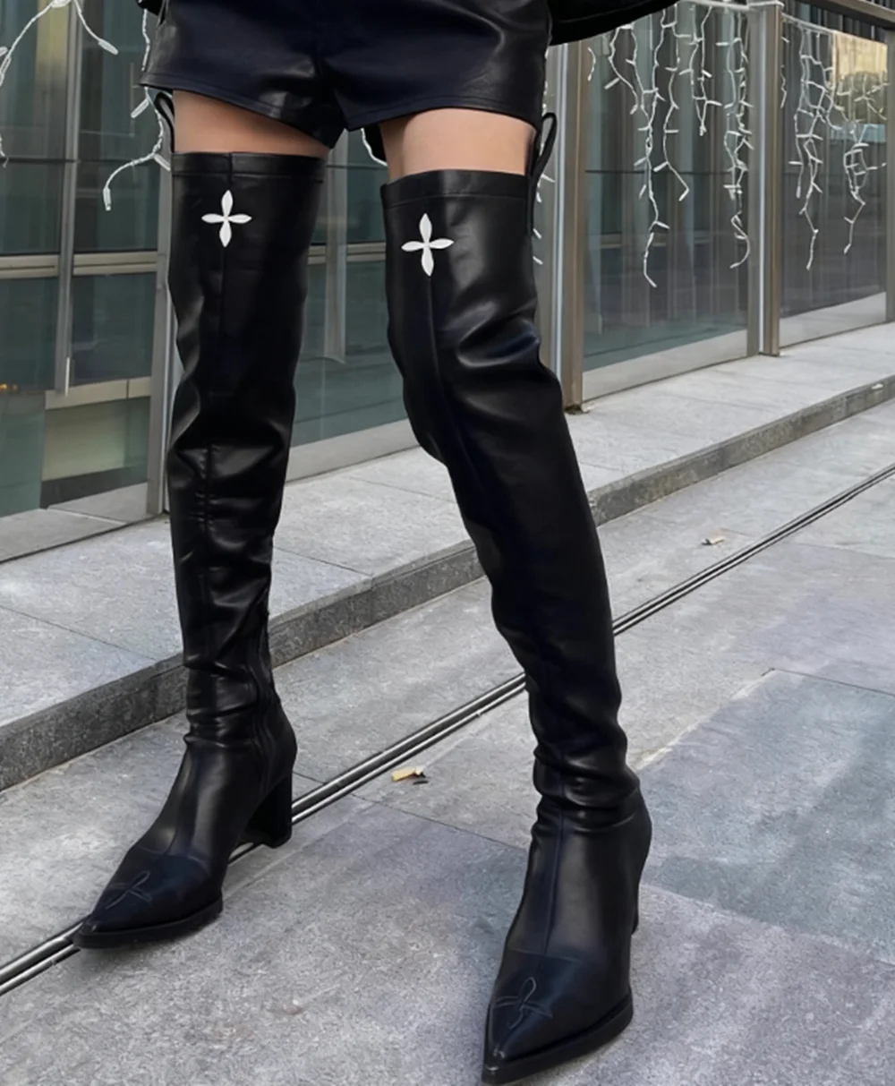 

Black Over-The-Knee Leather Boots Pointed Toe Block Heel Woman's Boots White Floral Detail On Shaft, Side Tie And Zipper.