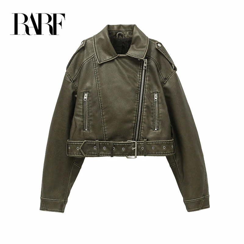 RARF New style Women\'s washed leather jacket with belt, short coat with downgraded zipper and vintage lapel jacket