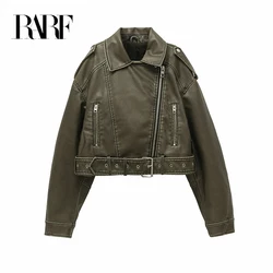 RARF New style Women's washed leather jacket with belt, short coat with downgraded zipper and vintage lapel jacket