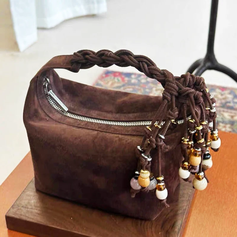 

Vintage Hobos Bags For Women Luxury Designer Handbag Purse 2024 New In Faux Suede Woven Top Handle Beading Tassel Small Shoulder