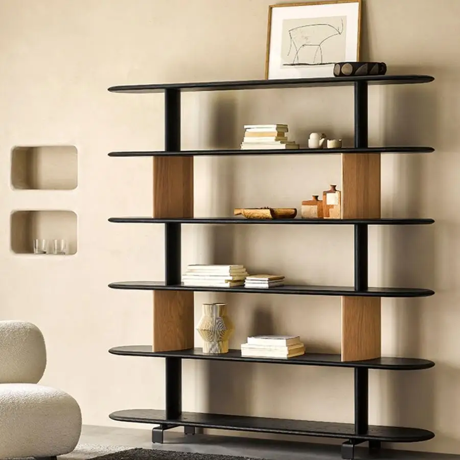 all-solid wood display bookcase household living room multi-layer floor-to-ceiling cabinet wall storage black bookshelf