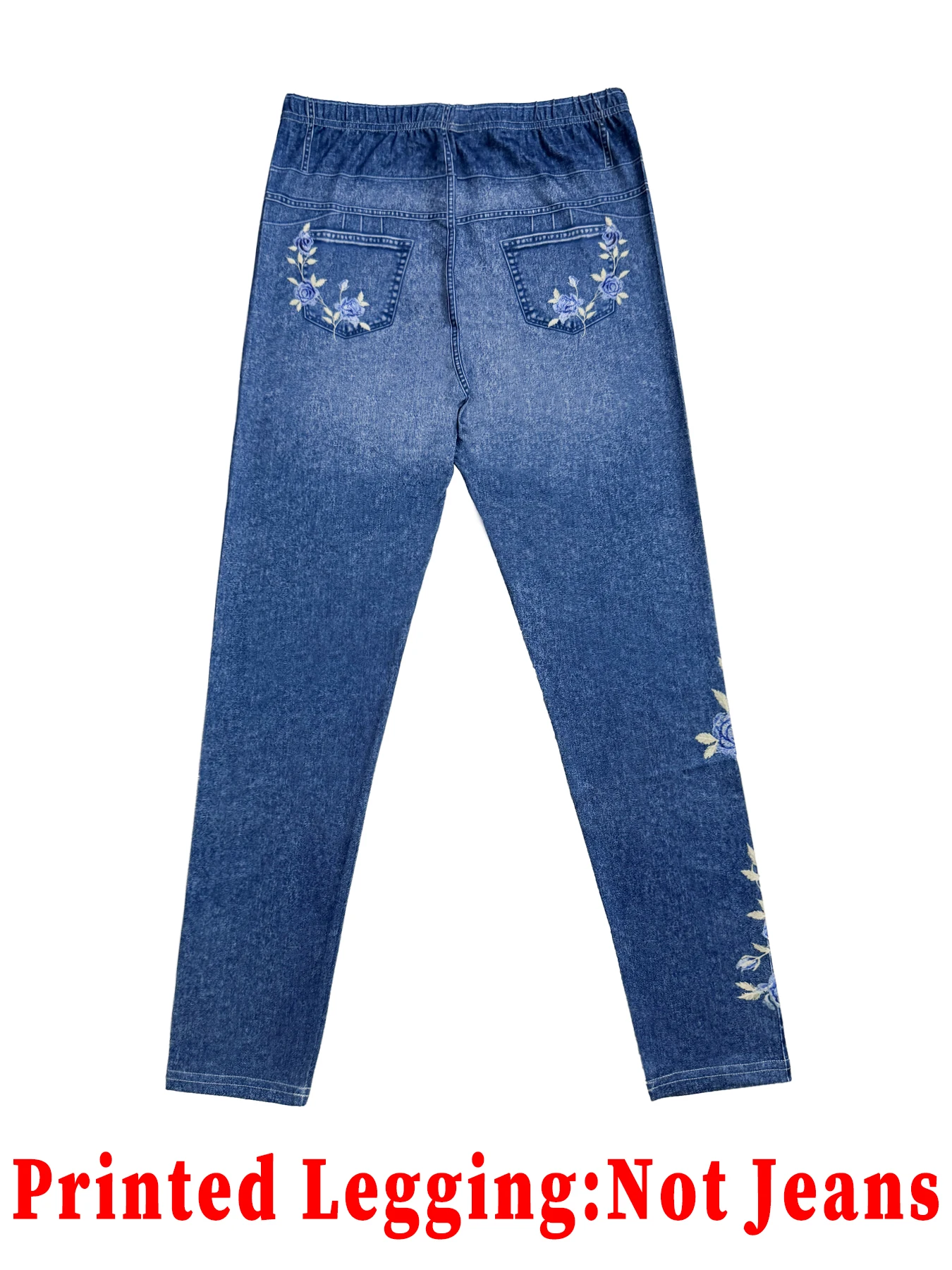 Damen-Leggings aus Kunstdenim mit Rosen-Blumenmuster, hohe Taille, 3 Knöpfe, dehnbar, eng anliegend, lässige Slim-Fit-Hose, keine echten Jeans – Detail 5