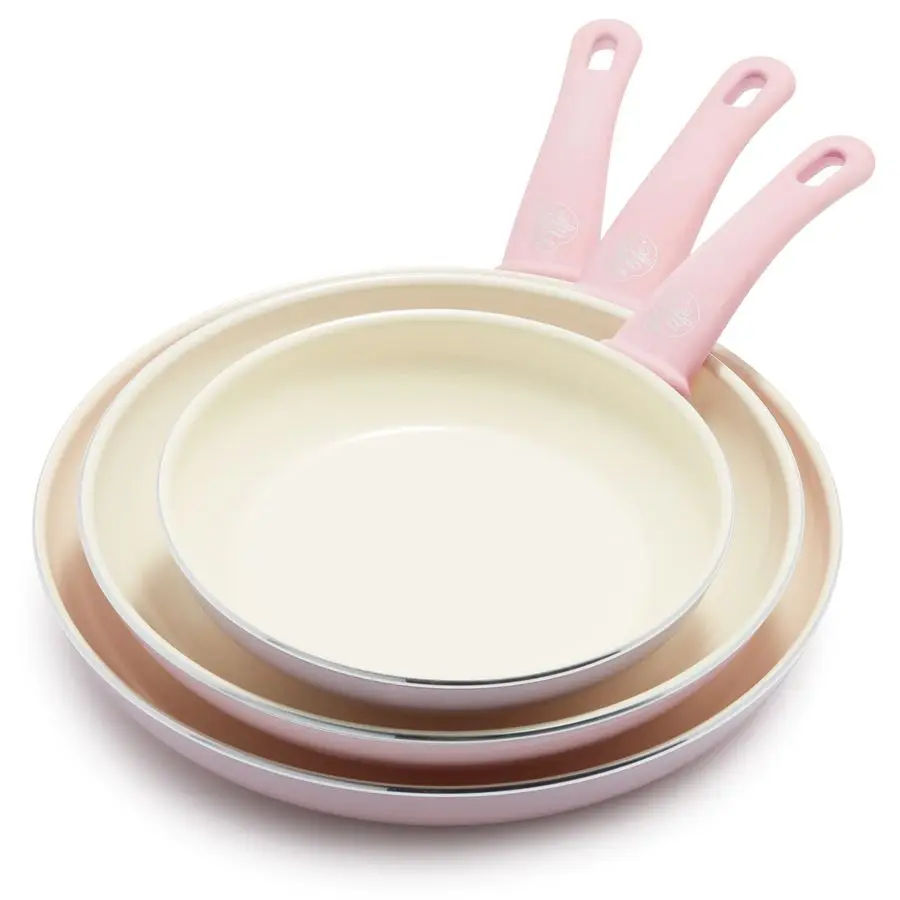 

Soft Grip Healthy Ceramic Nonstick, 8 10 and 12 Frying Pan Skillet Set, PFASFree, Dishwasher Safe, Soft Pink