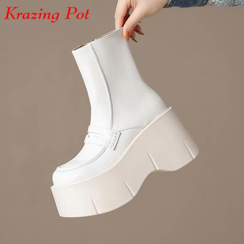 

Krazing Pot Cow Leather Round Toe Platform Motorcycles Boots Winter Keep Warm Super High Heels Zipper Modern Fashion Ankle Boots