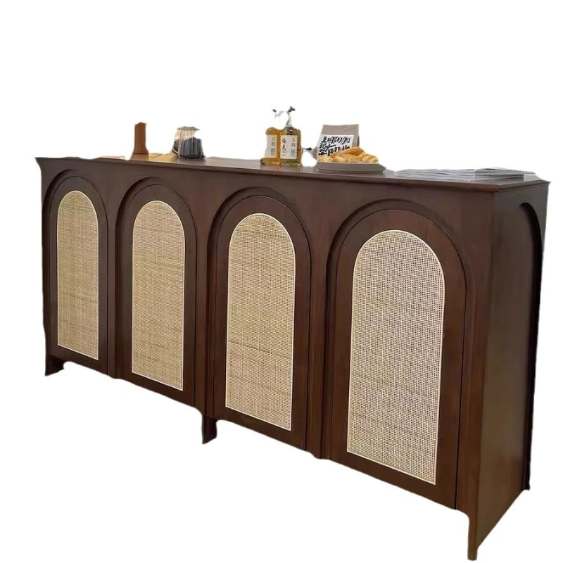 

French retro dining side cabinet solid wood rattan household storage cabinet