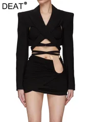 DEAT Fashion Women's Blazer Notched Coloar Slim Cut-out Backless Bandage Waist Long Sleeve Suit Jacets Summer 2024 New 17A7374