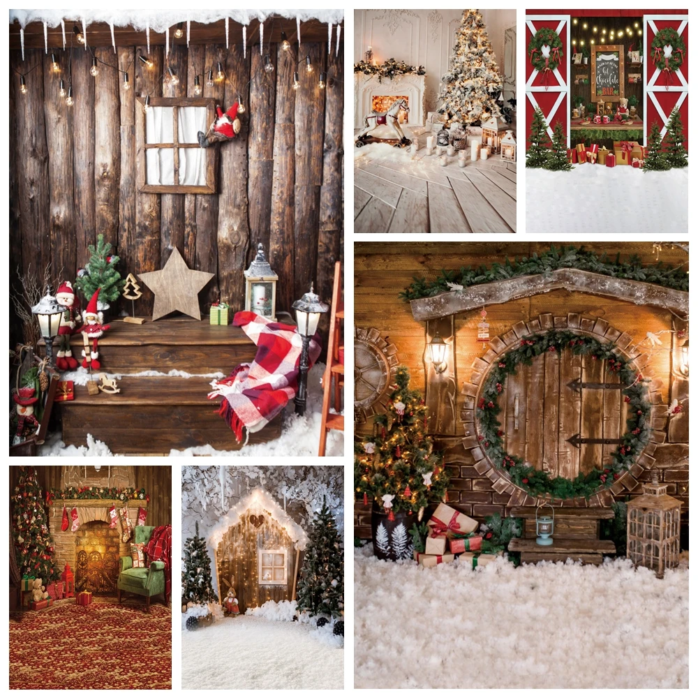Merry Christmas ฉากหลังสําหรับถ่ายภาพ Xmas Tree เตาผิงหิมะของขวัญบ้านไม้ครอบครัวเด็กภาพพื้นหลัง