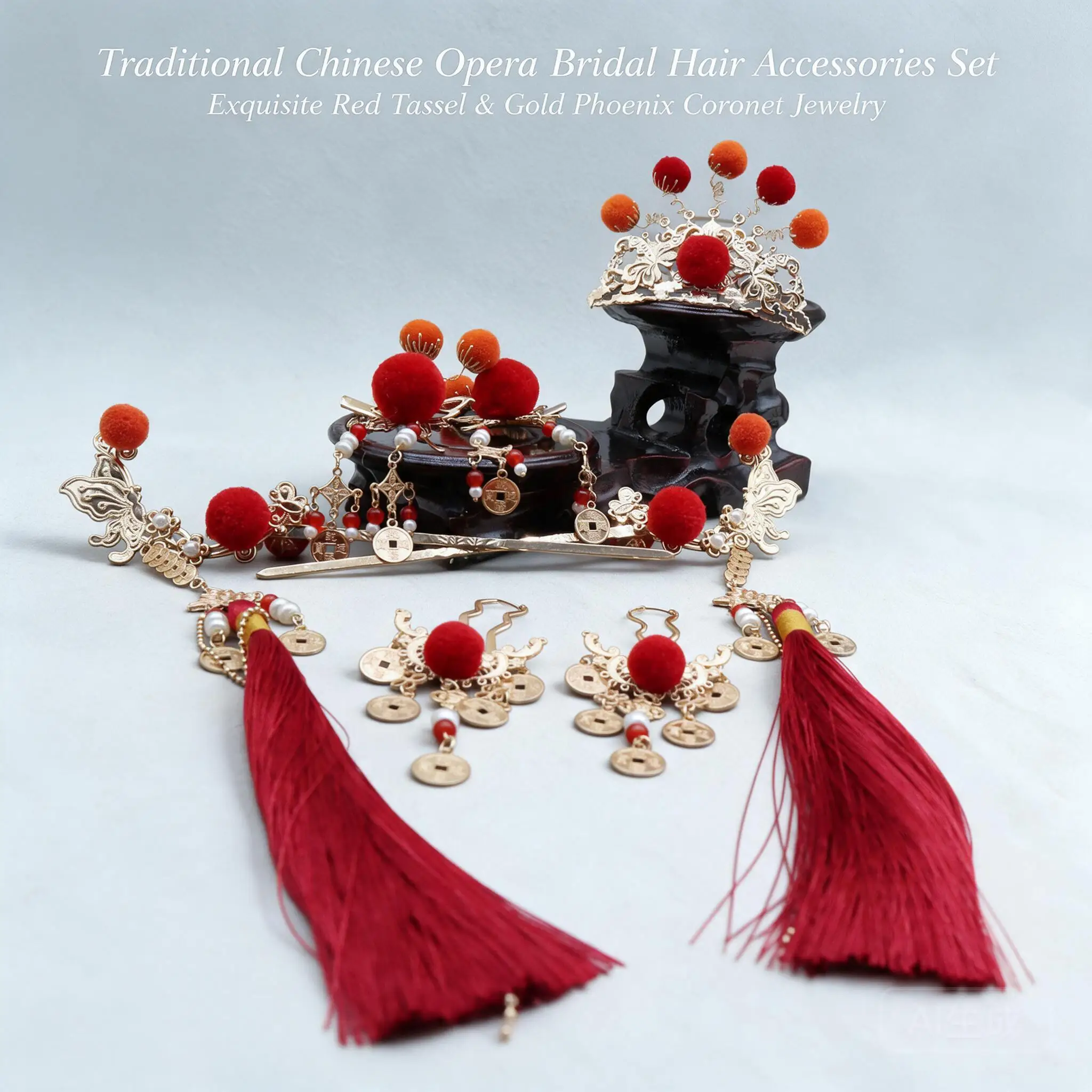 Chinese New Year Red Pom Pom Hair Accessories Set Spring Festival Headdress Tassel Coin Charms Clips Pins Ear Hooks Or Ear Clips