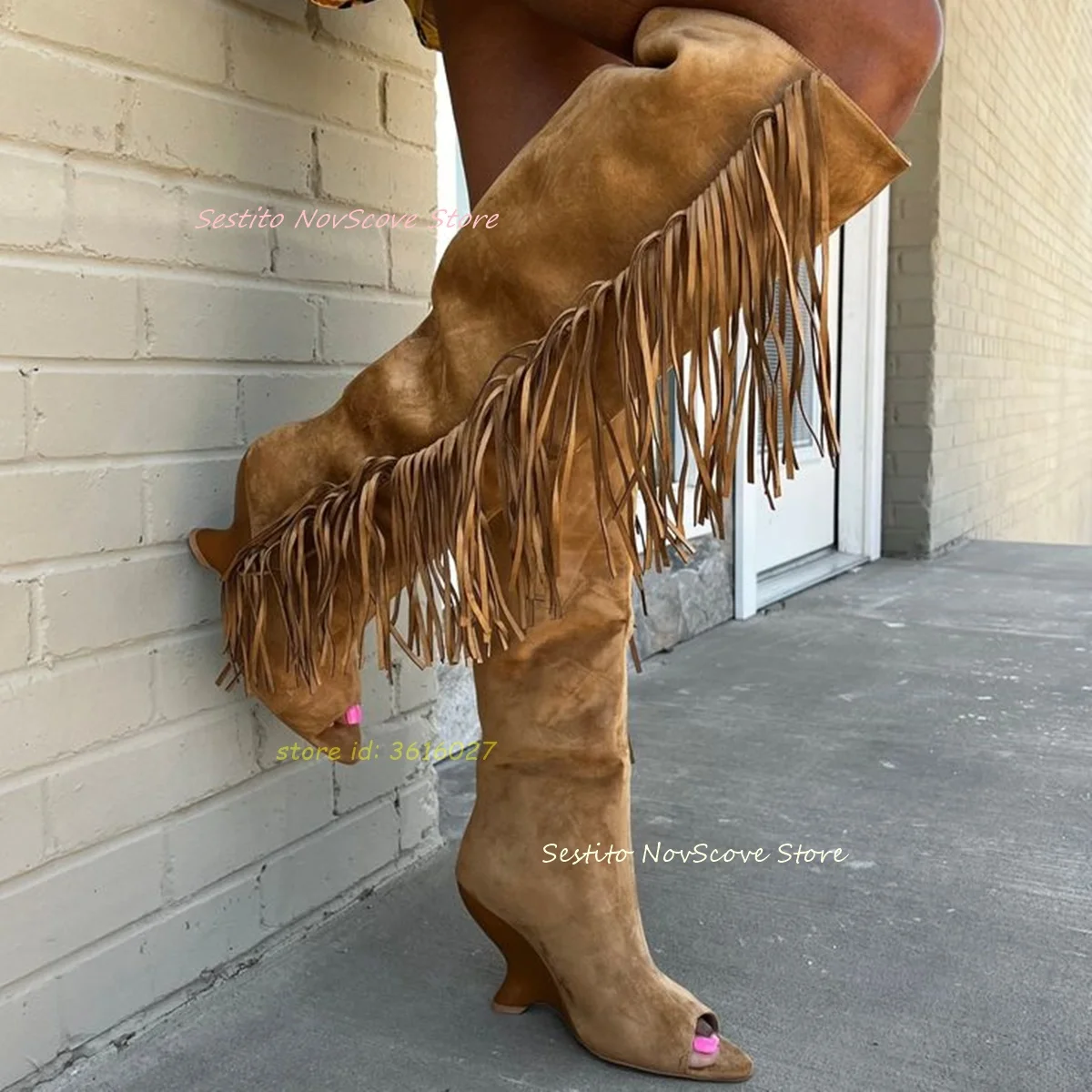 

Brown Suede Wedges Knee High Boots Peep Toe Tassels Decor Sexy Women Autumn Long Booties Fringes Sewing Classic Party Booties