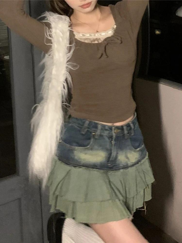 

​ Женская джинсовая мини-юбка с высокой талией в американском ретро-стиле, пэчворк, плиссированная, А-силуэт, облегающая, для лета, в стиле Hot Girl ​