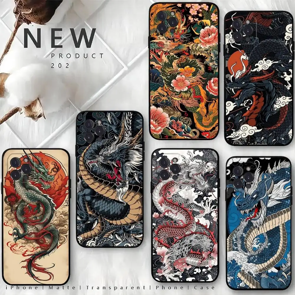 

Tattoo Japanese Koi Dragon Phone Case For iPhone 16,15,14,13,12 Mini 11 Pro XR,X,XS,MAX 7,8 Plus Silicone Cover Soft Black