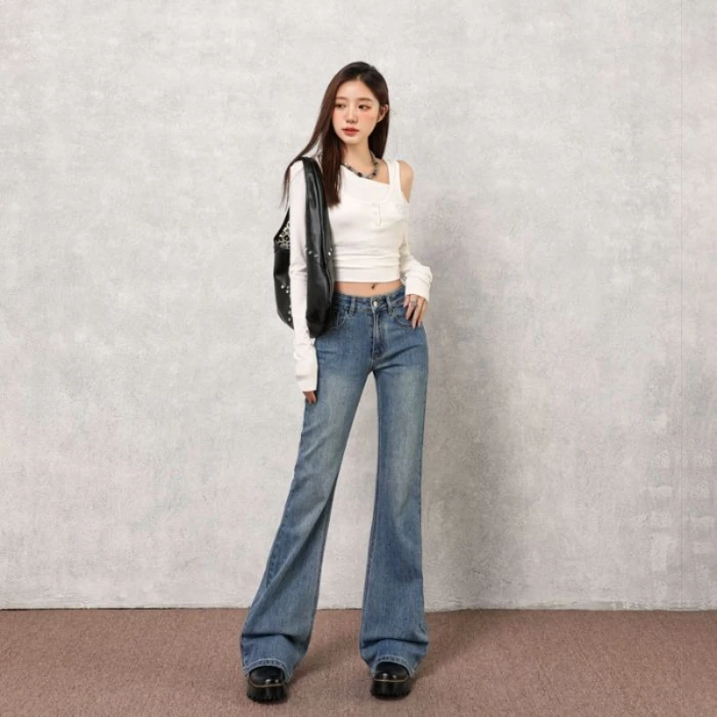 คอลเลกชันฤดูใบไม้ร่วงใหม่ของกางเกงยีนส์ทรงหลวมเอวกลาง-ต่ำสไตล์เรโทรเนื้อผ้าลายไม้ไผ่แบบอเมริกันสำหรับผู้หญิง