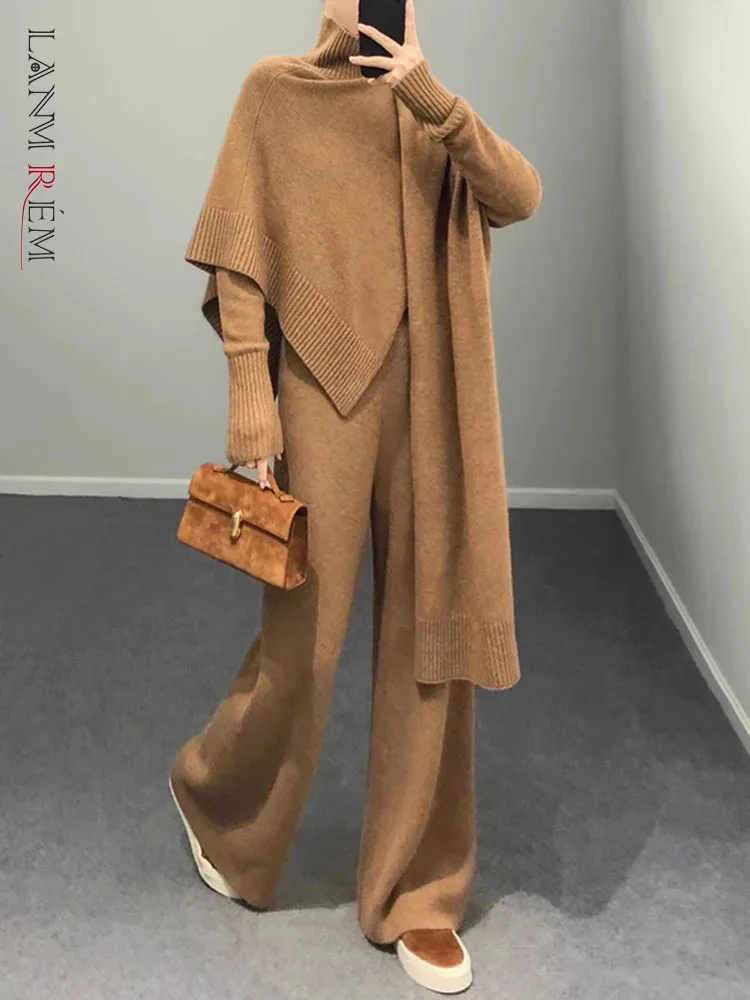 LANMREM Fashion Knitted 3 Piece Set Women Irregular Tops High Waist Wide Leg Trousers Solid 2024 Winter New Clothing 2AA3983