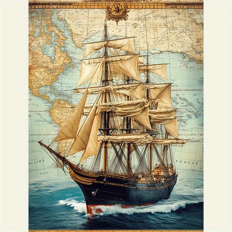 Vintage-Diamantmalerei mit einem hohen Schiff auf einer Weltkarte, handgefertigte Kunst zum Thema nautisches Abenteuer, ein exquisites Geschenk, zur Entspannung und zur Dekoration von Wohnräumen.