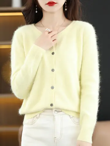 LHZSYY 여성 카디건 슈퍼 따뜻한 순수 밍크 캐시미어 스웨터 오-넥 느슨한 여성 스웨터 숙녀 '솔리드 컬러 니트 가디건