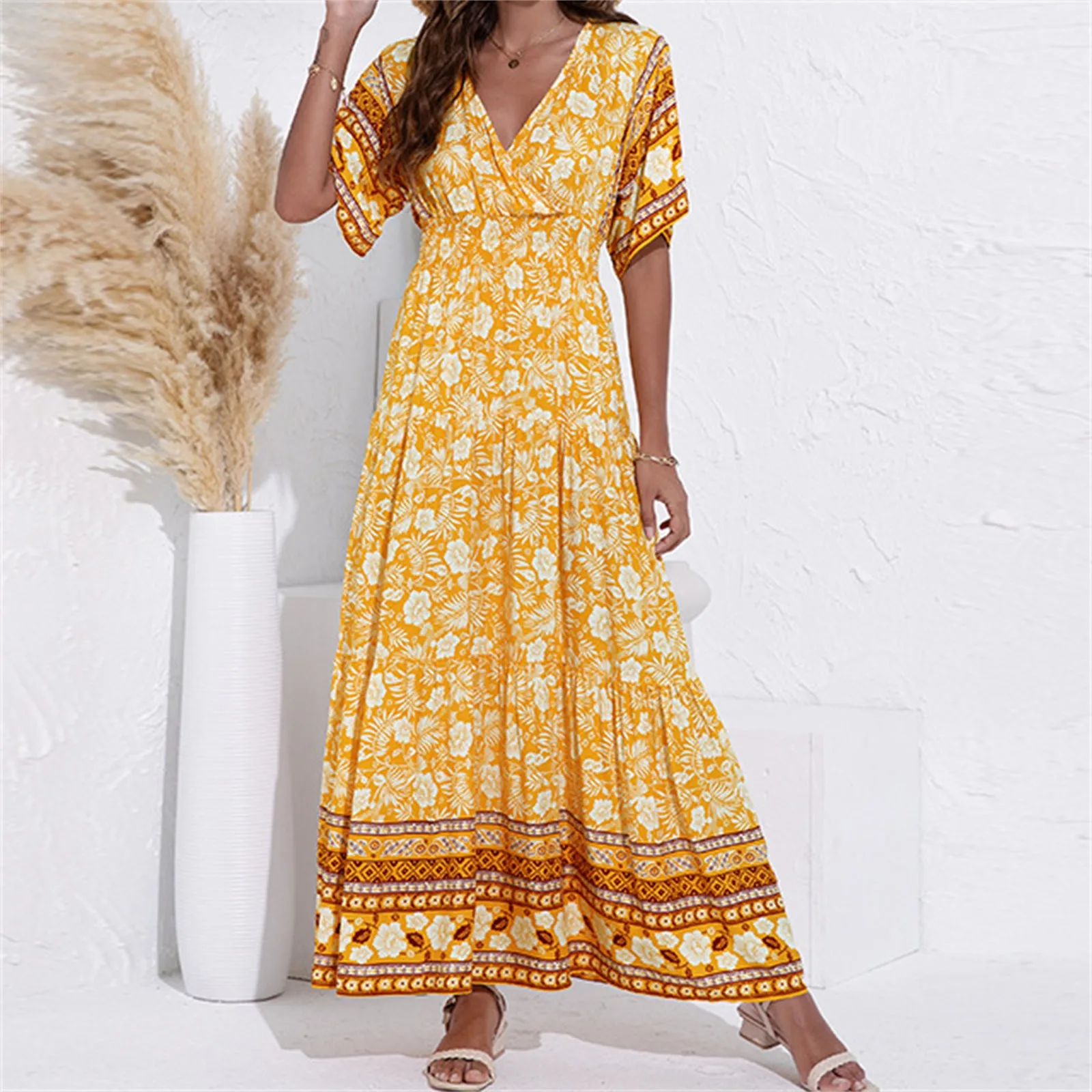 

Summer Bohemian Maxi Dress for Women 2024 Fashion V-Neck Print Green Cotton Robe Casual Guest High Waist Long Dresses Women