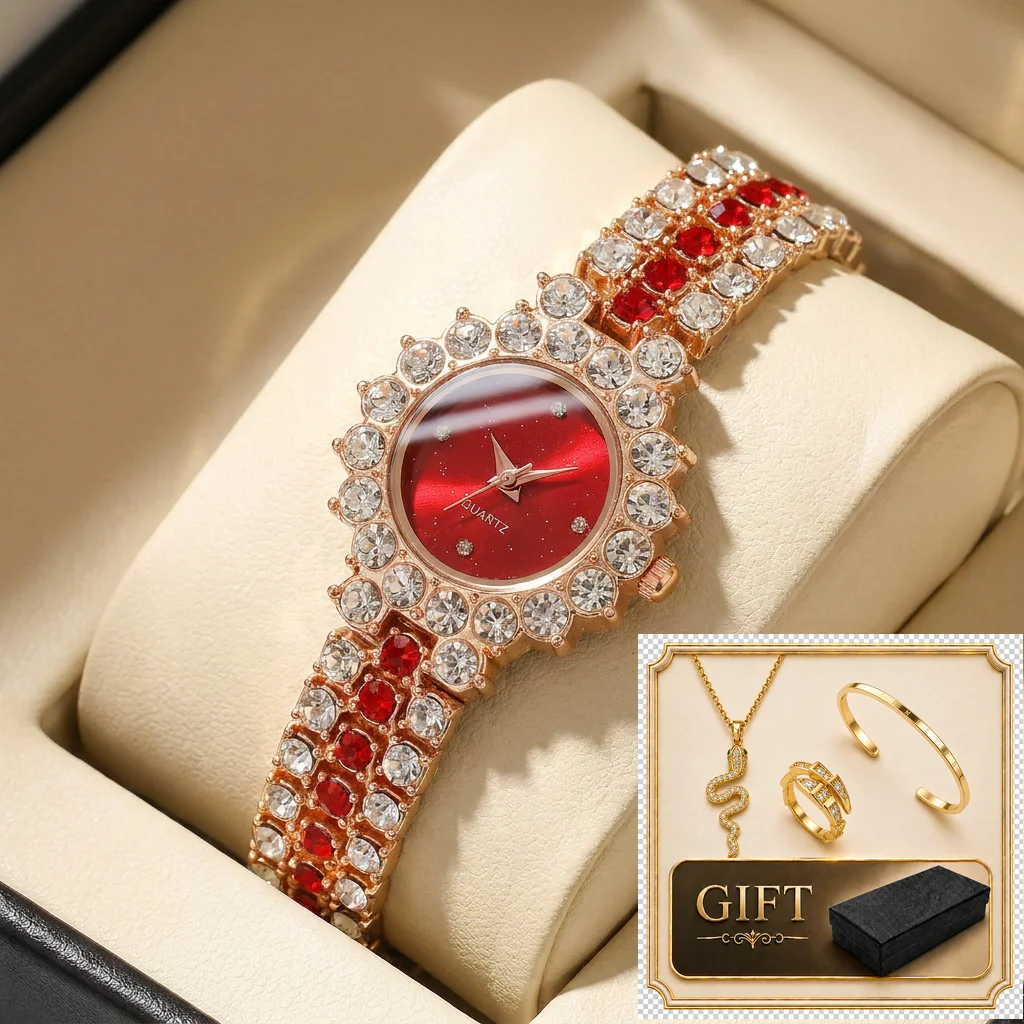 

4pcs gift box set Women's red dial alloy strap fashion jewelry details Quartz Watch Gift Box Set for party holiday