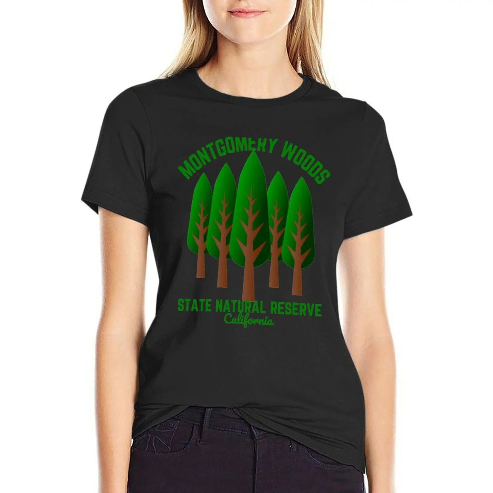 

Montgomery Woods State Natural Reserve, Ukiah California, Light Green Text- Hiking / Outdoors T-shirt summer clothes Top Women