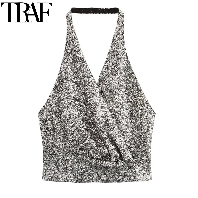 TRAF Halter Sequin Crop Top Women Glitter Strapless Tank Tops Woman Luxury Ruched Sleeveless Sexy Top Daring Backless Party Top