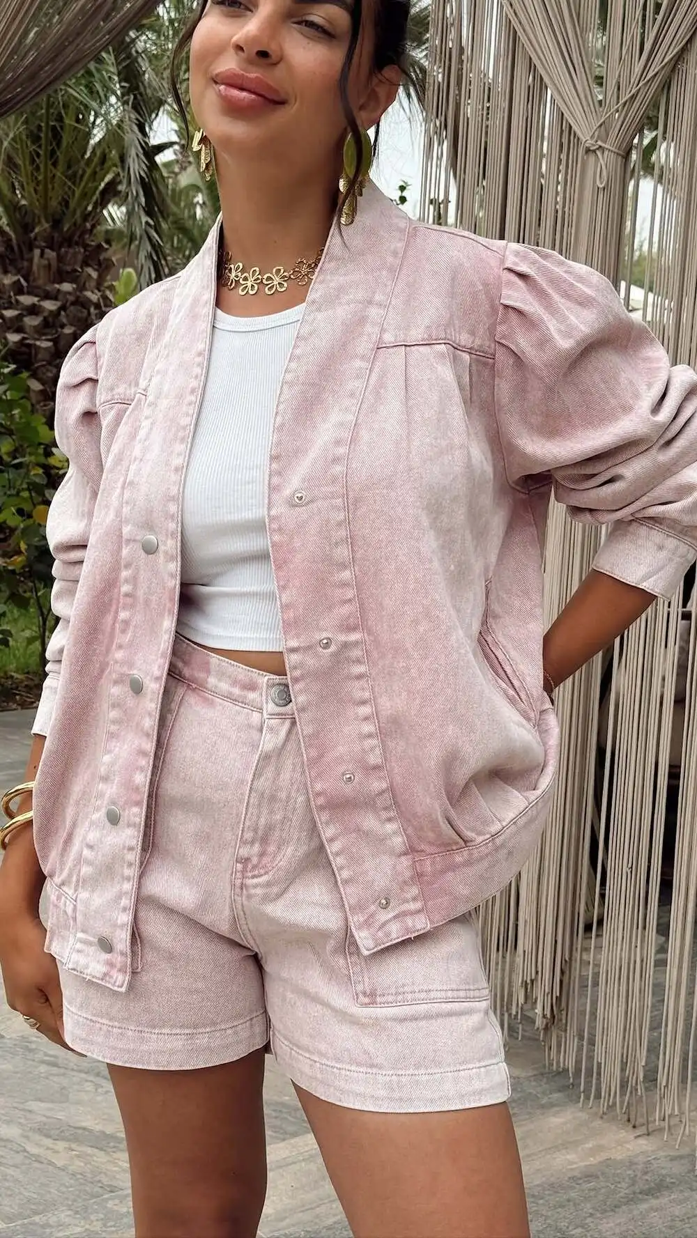 Light Pink Washed Denim Jacket for Women Collarless Single-Breasted Coat with Puff Sleeves Casual French Chic Vintage Outerwear