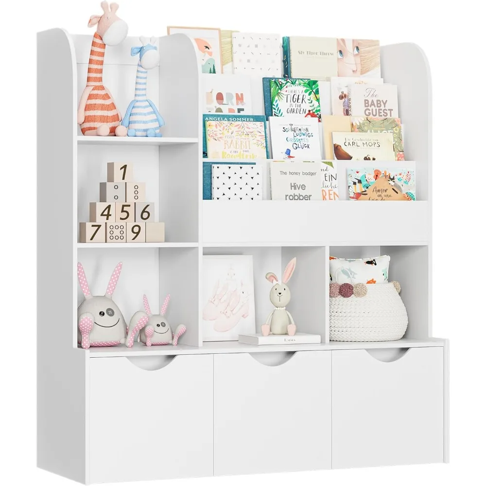 47'' Kids Bookcase and Bookshelf, Multifunctional Bookcase with 5 Storage Cubbies and 3 Movable Drawers