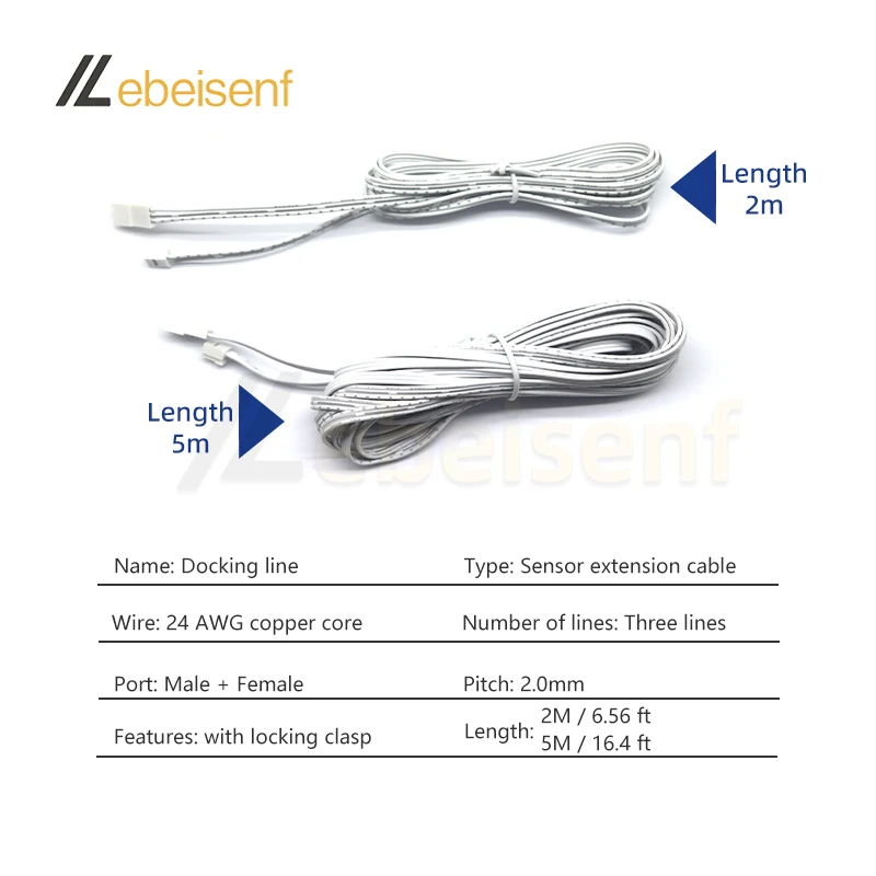 Przewód połączeniowy rozszerzający do czujnika kierowcy światło LED na szafkę, przewód męski i żeński, podwójny Port, skok PHB 2.0mm, 2 M, 5m, 3 Pin