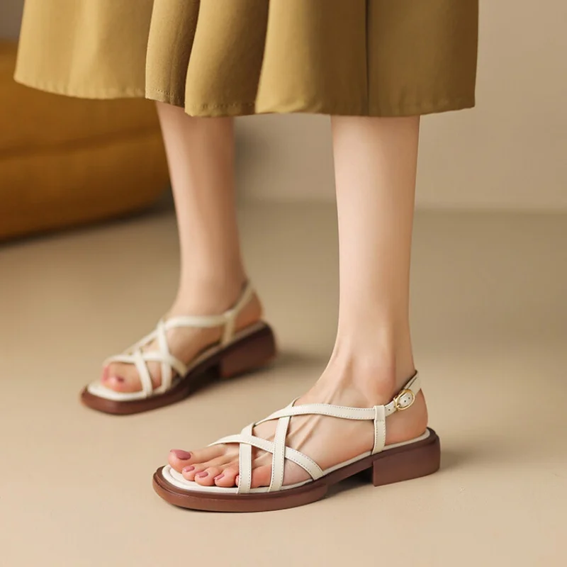 genuine-leather-women's-sandalsopen-toe-summer-crisscross-strap-shoes-for-womanfashionable-buckle-black-beige-sizes-35-43