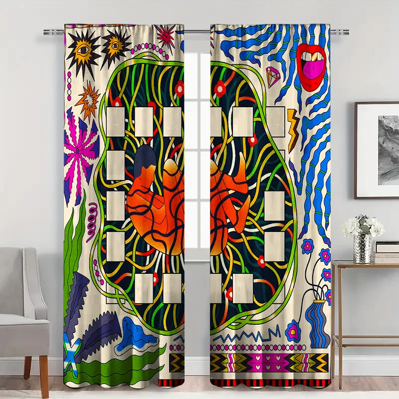 قطعتان من ستائر الفن التجريدي الحديثة مع جيب قضيب، طباعة هندسية متعددة الألوان وشفافة، ديكور غرفة المعيشة النابضة بالحياة #2