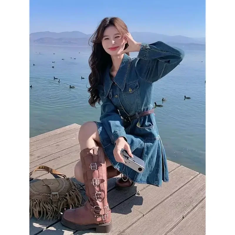 Estilo com cintura cinching comprimento médio vestido evasê azul saia jeans feminino novo retrô doce e picante