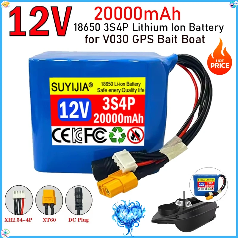 

18650 3S4P Fishing Bait Boat Battery 12V 20000mAh Lithium Ion Battery with BMS High Power Remote Controlfor V030 GPS Bait Boat