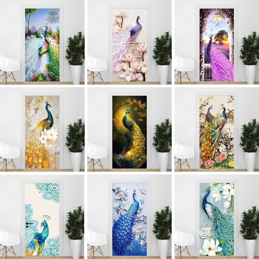 3D Realistic Peacock Door Sticker Wallpaper Self Adhesive Living Room Wardrobe Door Wallpaper Wall Art Mural Cover Home Decor