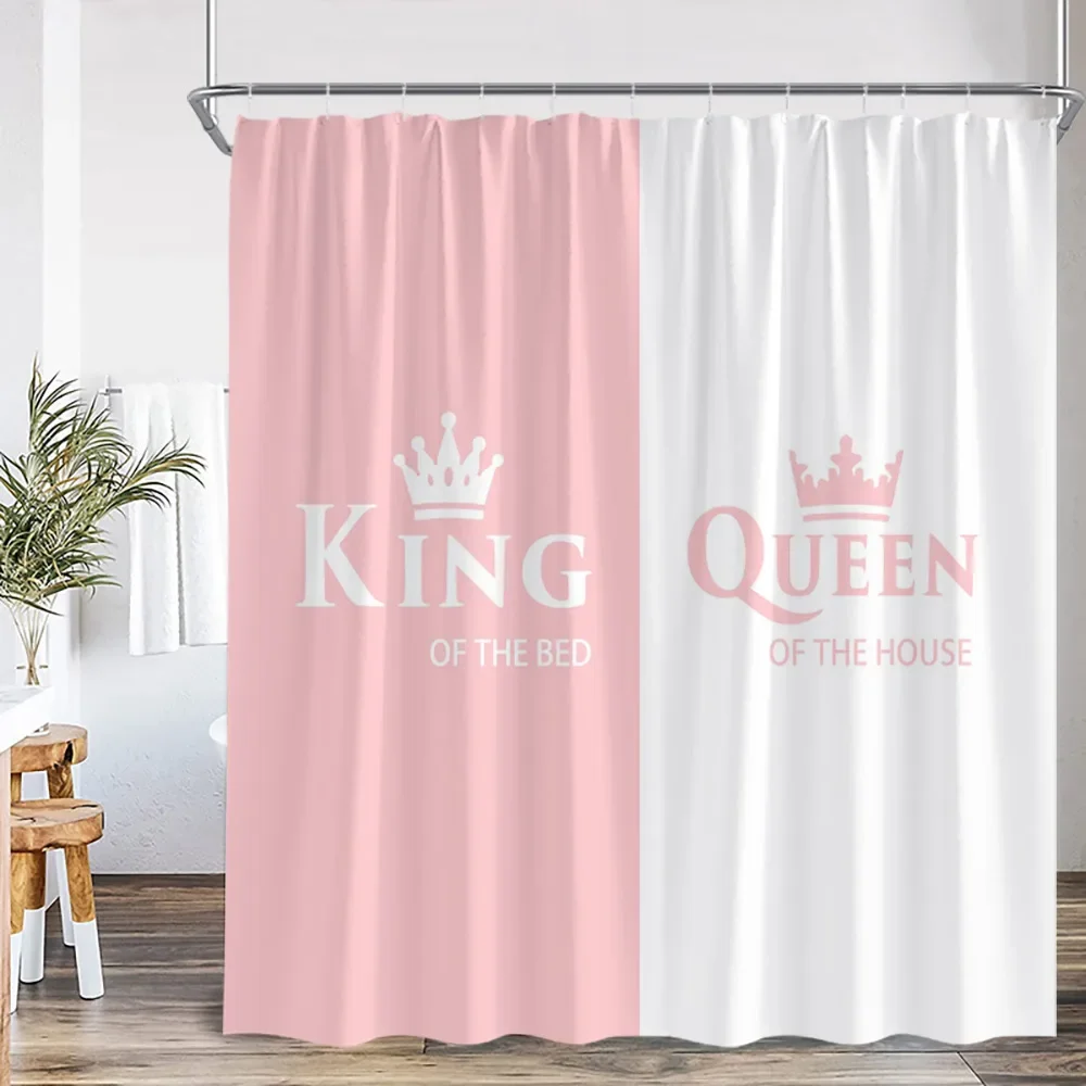 Crown Queen and King Shower Curtain Black White Pink Red Background Mrs Mr Right Couple Lover Polyester Bathing Decor Curtain