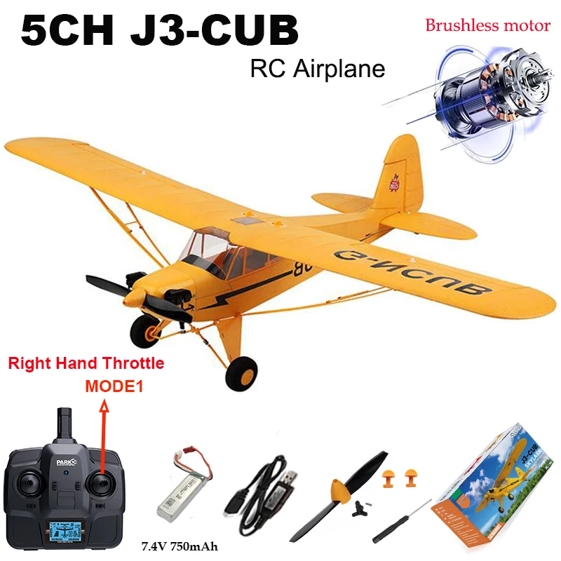 

New J3-CUB RC Airplane 5CH 2.4G Remote Control Mode1 (Right Hand Throttle) 3D/6G 1406 Brushless Motor Outdoor Foam Fiexd Plane