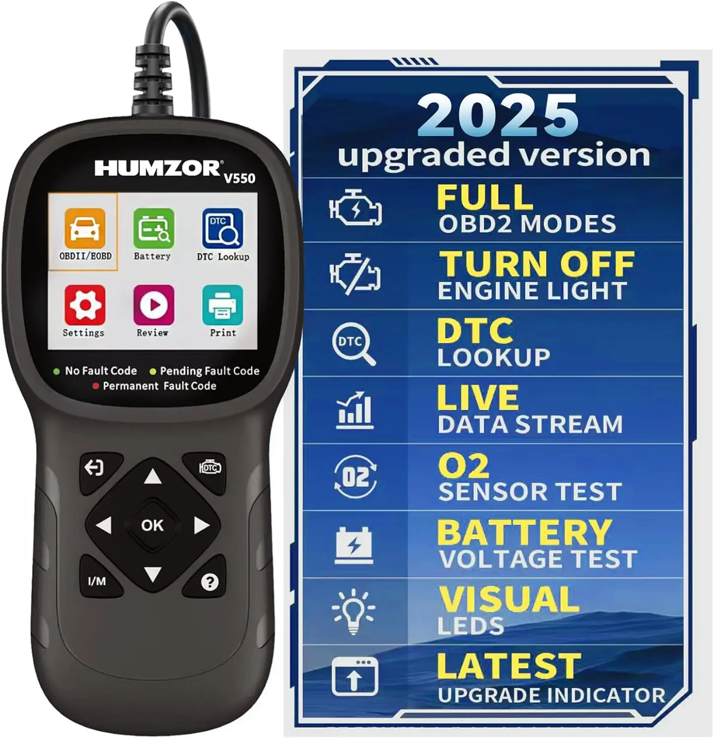 

Сканер OBD2 V550 с тестером батареи, диагностический инструмент CAN для всех автомобилей OBD2 1996+, чтение и четкие коды, живые данные (черный)