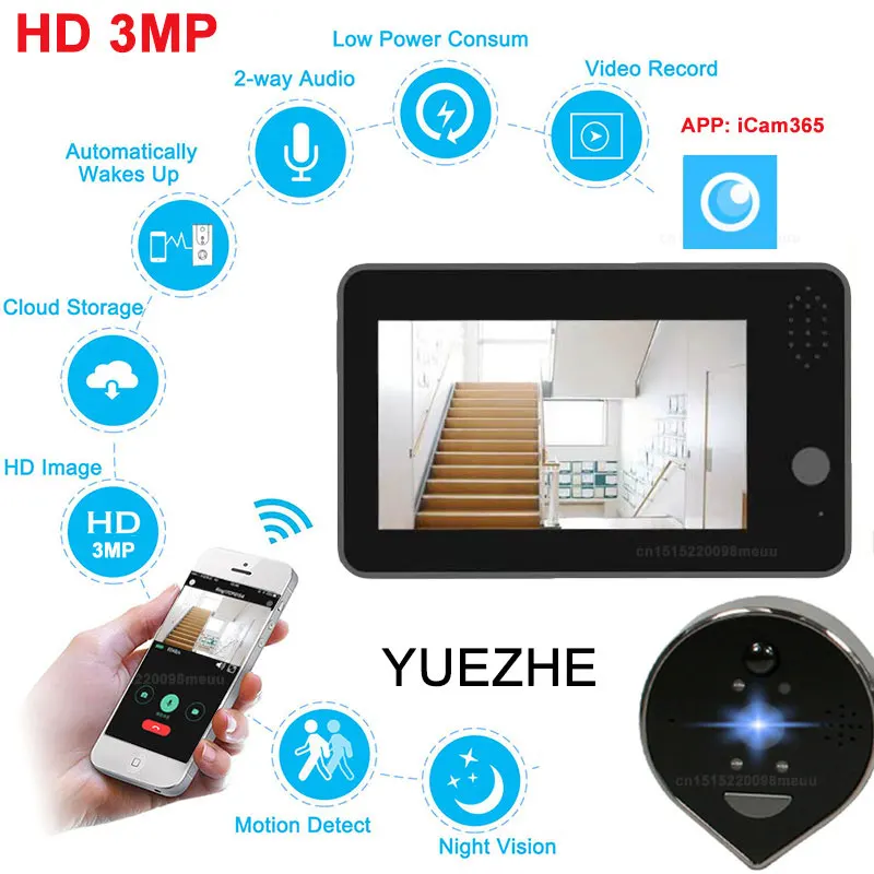 Yuezhe 3MP icam365 Silver Peephole Camera 4.3 Inch Doorbell Smart Home 5000mAh battery Night PIR Motion Detection Video Doorbell