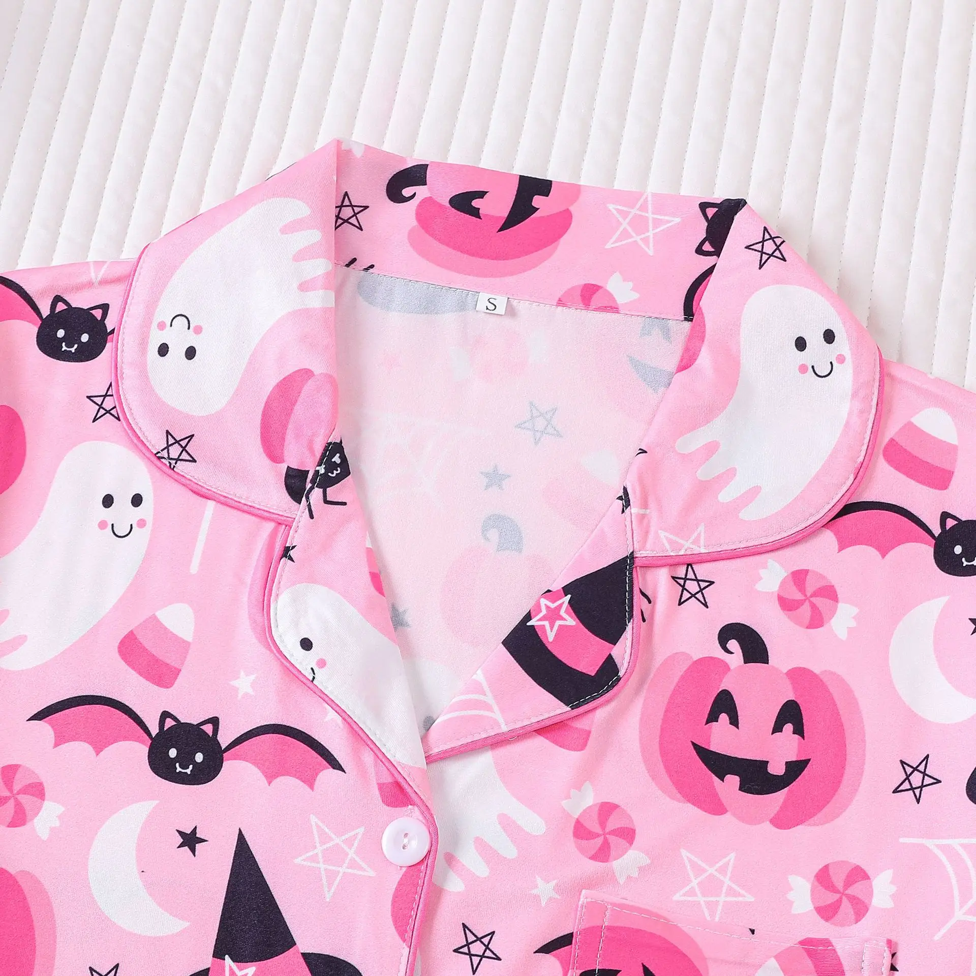 Set Piyama Labu Merah Muda Pakaian Rumah Kasual Nyaman Musim Panas Wanita Baju Tidur Pakaian Tidur Pesta Halloween untuk Anak Perempuan