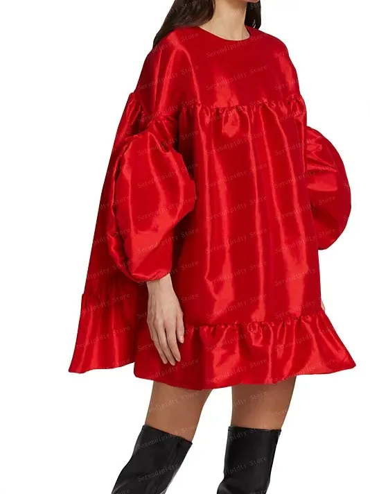 O-neck Party Dress Long  Bubble Sleeve Red Dress Ruffles Mini Dress Casual Dress A-line Women Clothing Women's Satin Dress