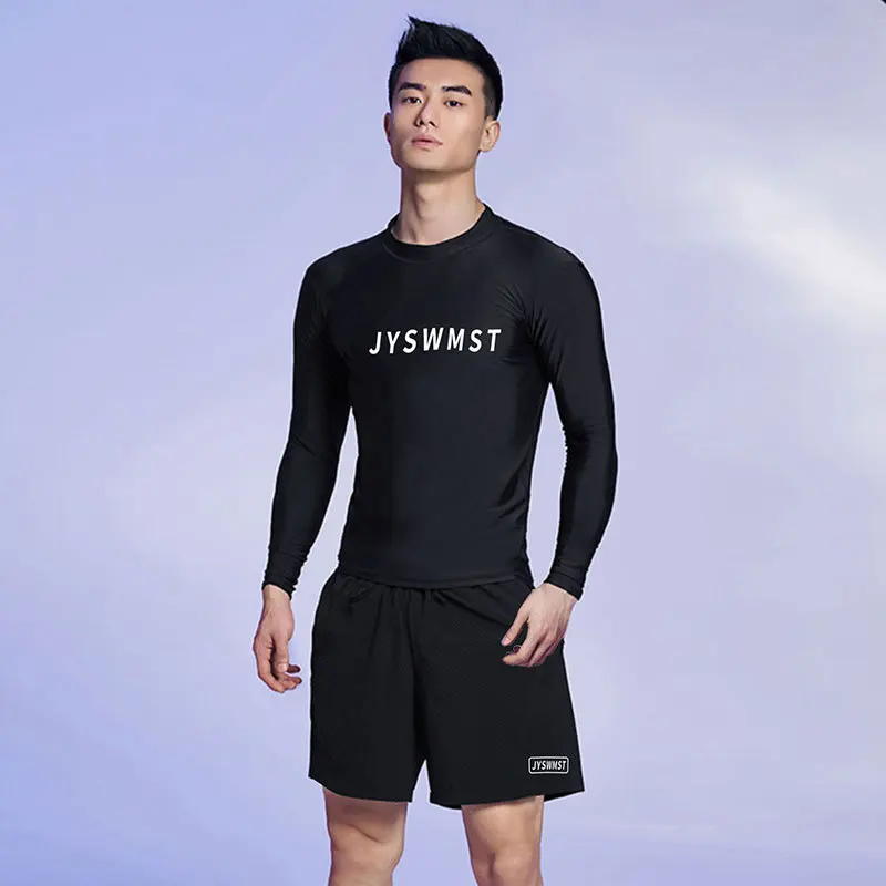 Men Swimsuit 2 Piece Set Shirt And Double Layer Shorts Rashguard Wetsuit Beach Surfing Board Sportswear Water Park Clothing