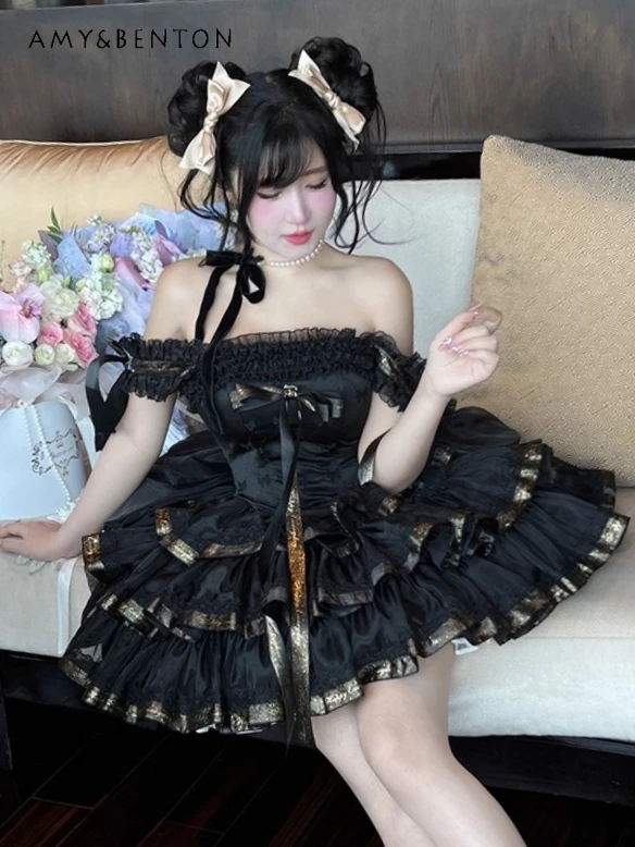 

Elegant Princess Puffy Evening Dresses Cute Sweet Romantic Girl Ribbon Ballet Style Strapless Bow Slim Multi-layer Mini Dress