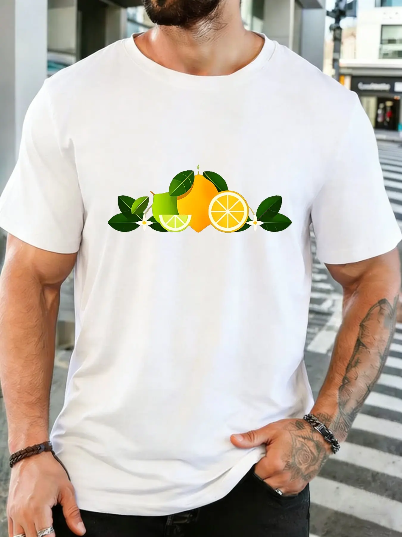 Men Cotton Crew Neck T Shirt Fresh Lemon Lime Citrus Fruit Leaf Floral Graphic Tropical Casual Short Sleeve Male Daily Top