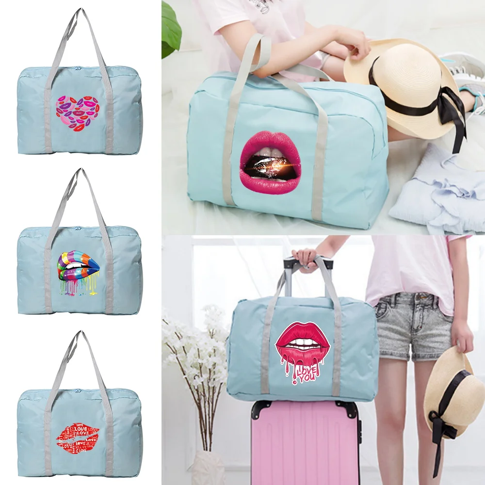 

Mouth Printing Nylon Foldable Travel Bag Luggage Women WaterProof Handbags Travel Bags Clothes Storage Unisex Large Capacity Bag