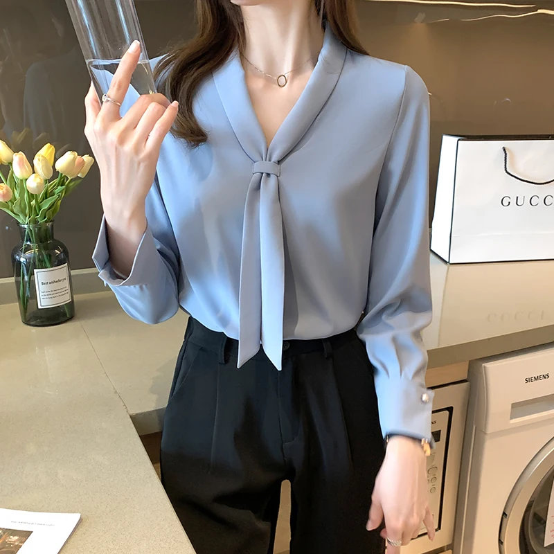 2023 Autumn Long Sleeve Chiffon Blouse Shirt Blouse Women Blusas Mujer De Moda Bow V-Neck Office Lady Blouse Tops Female Blouses