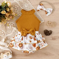 PatPat 3pcs Baby Girl 95% Cotton Ribbed Sleeveless Crop Top and Floral Print Layered Ruffle Shorts & Headband Set