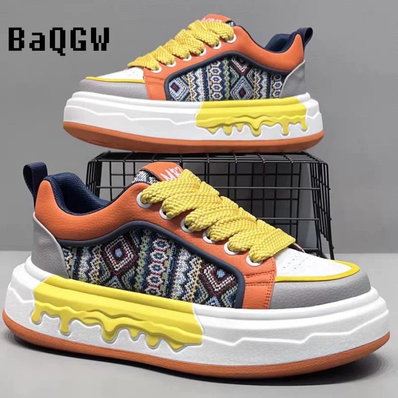 

Ретро-кроссовки на массивной платформе с этническим геометрическим узором для мужчин и женщин, повседневная обувь с цветовыми блоками, плетеный верх, уличный стиль