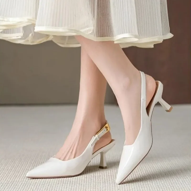 

Stiletto Heels Women's Summer New Pointed Toe One Buckle Strap Wrapped Toe Patent Leather Back Empty Sandals