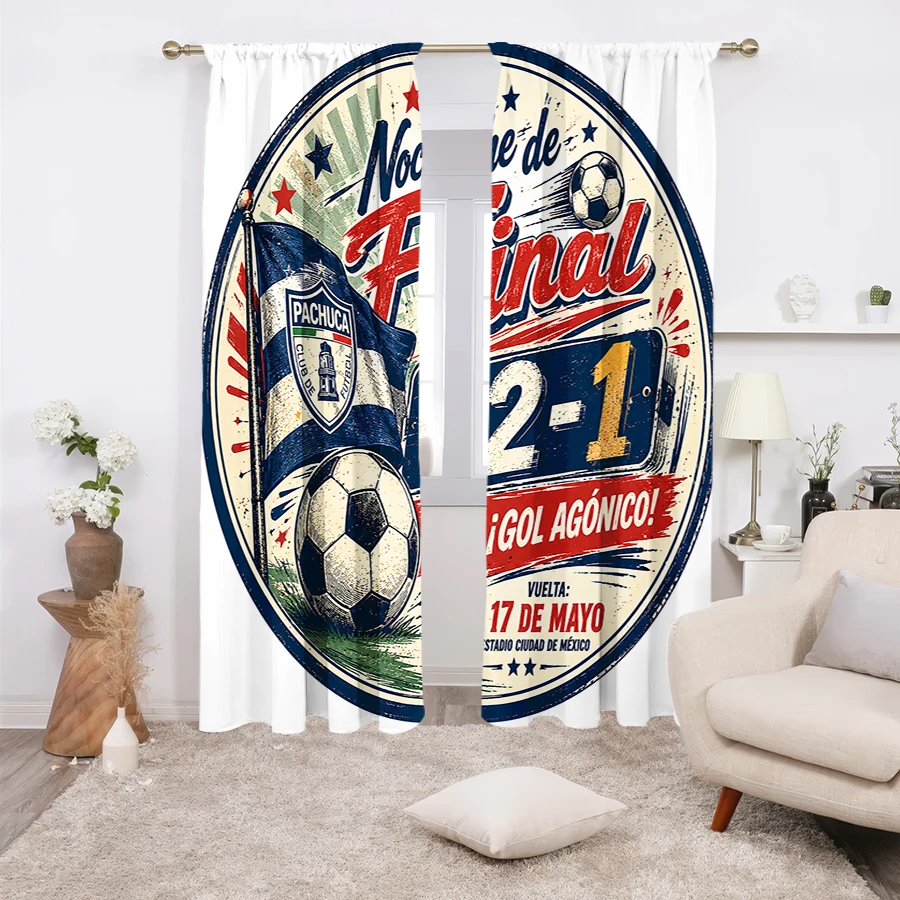 2PCS Curtains, Vintage Distressed Circular Poster Design Featuring Pachuca Football Club Final Match With 2-1 Score, Club Flag,