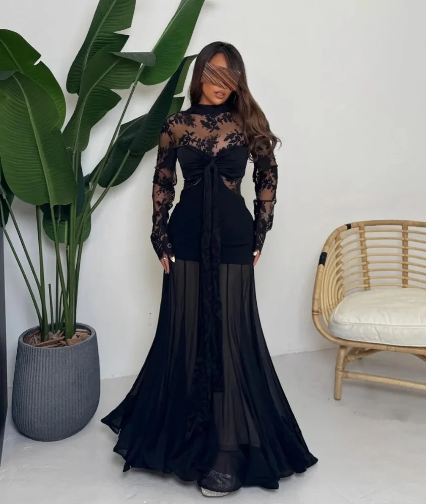

JDY Custom Elegant Gorgeous High - Neck Lace Paneled Ball Gown Long Sleeve Ruffled Floor - Length for Formal Evening Occasions