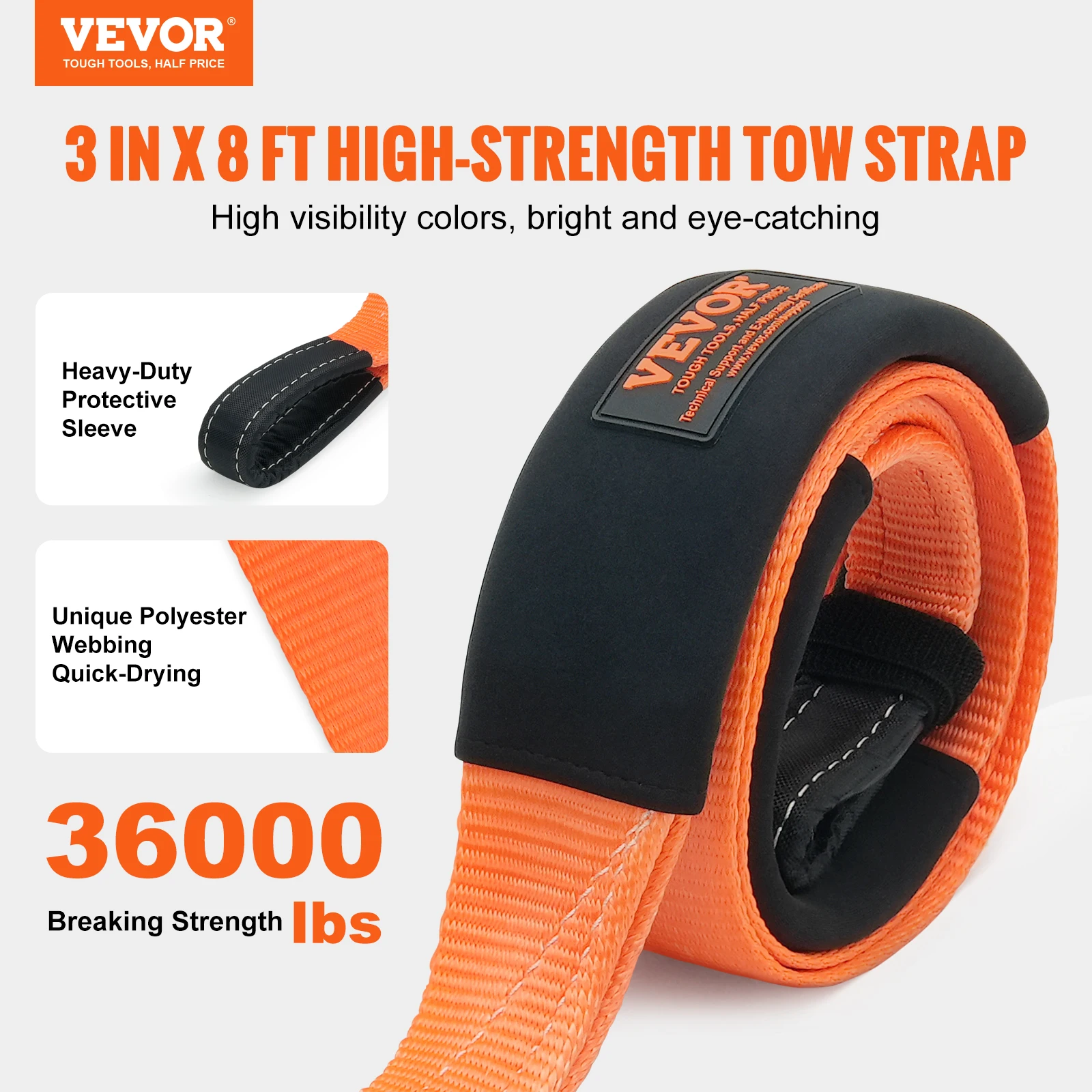 VEVOR 8/20/30ft Car Tow Cable Trailer Towing Pull Rope 2/3/4in Winch Line Extension Strap for Van Road Recovery Car Accessories