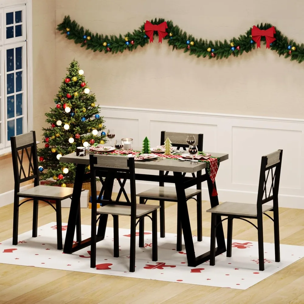 Dining Room Table Set for 4, 5-Piece Farmhouse Kitchen Table Set, Thickened Metal Frame with Wood Top